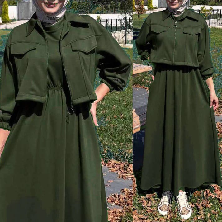 Chic Winter Zipper Jacket with Long Frock 2-Piece Set