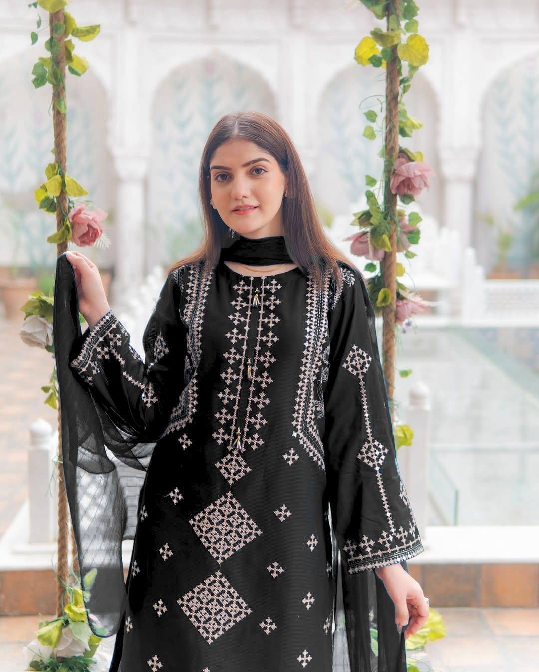 Elegant Sequins Embroidered Cotton 3-Piece Set