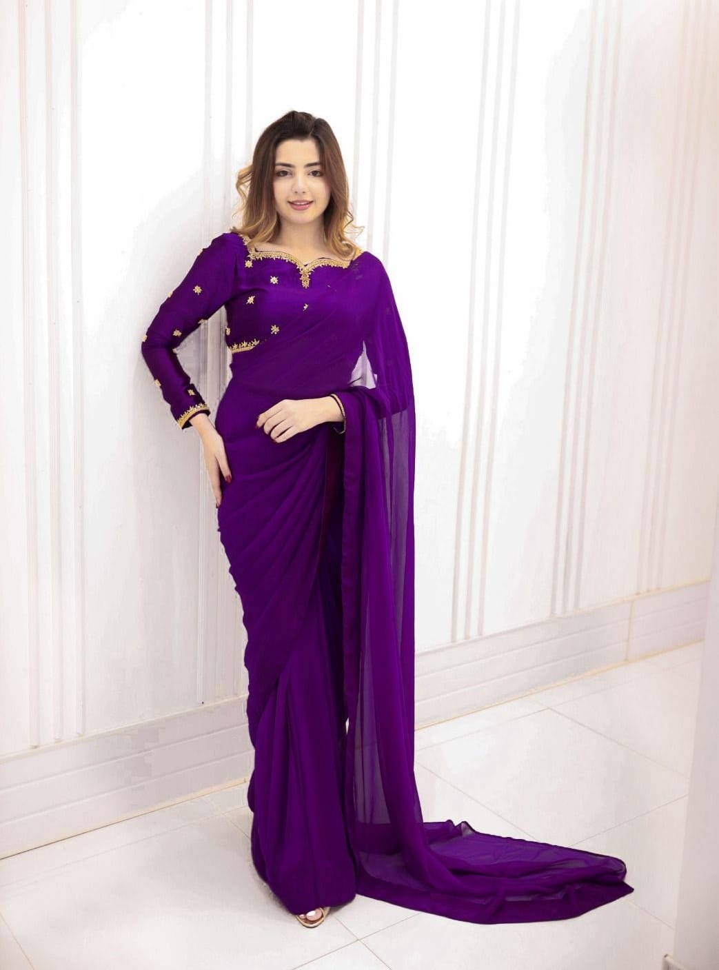 Elegant Embroidered Chiffon Saree