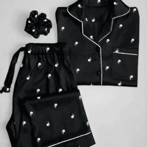 Cute Flower Printed Silk Nightwear Pajama Set