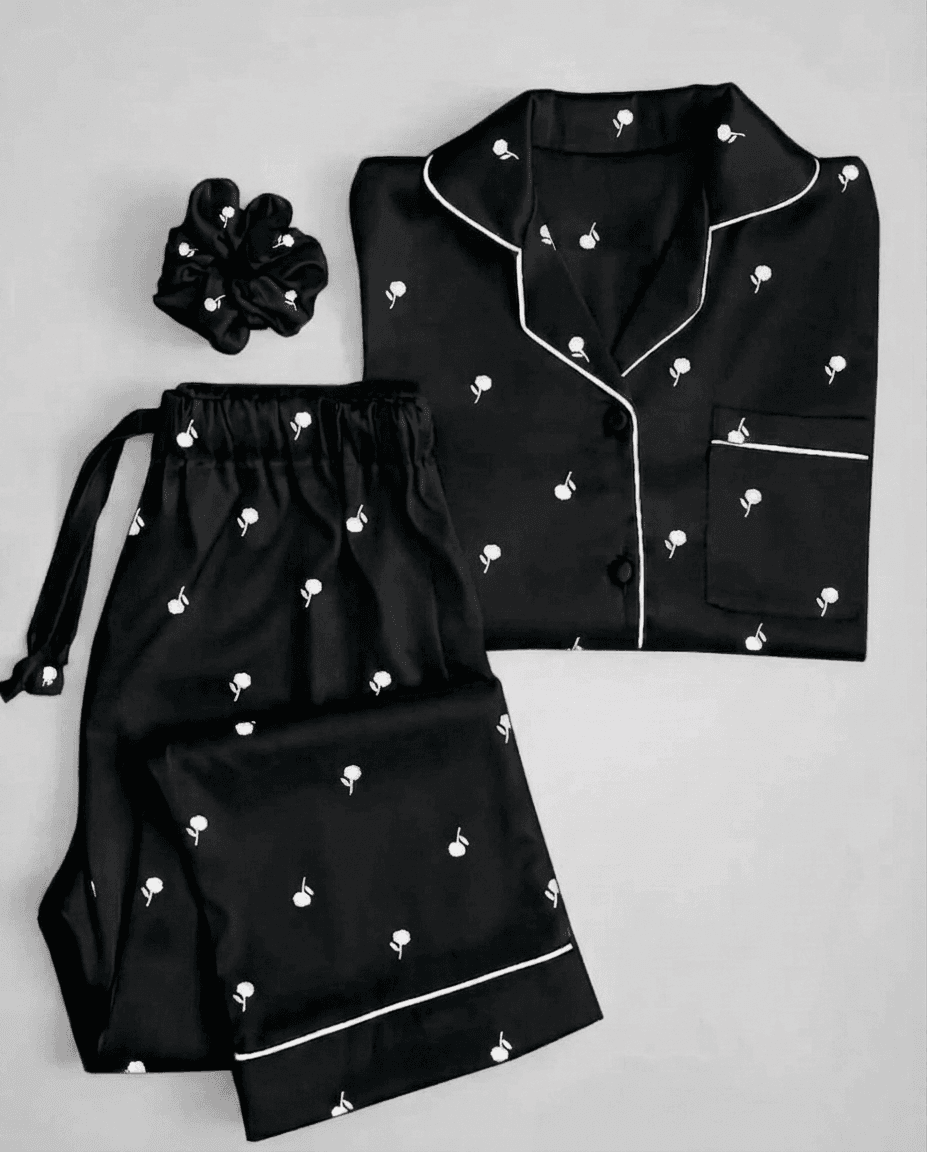 Cute Flower Printed Silk Nightwear Pajama Set