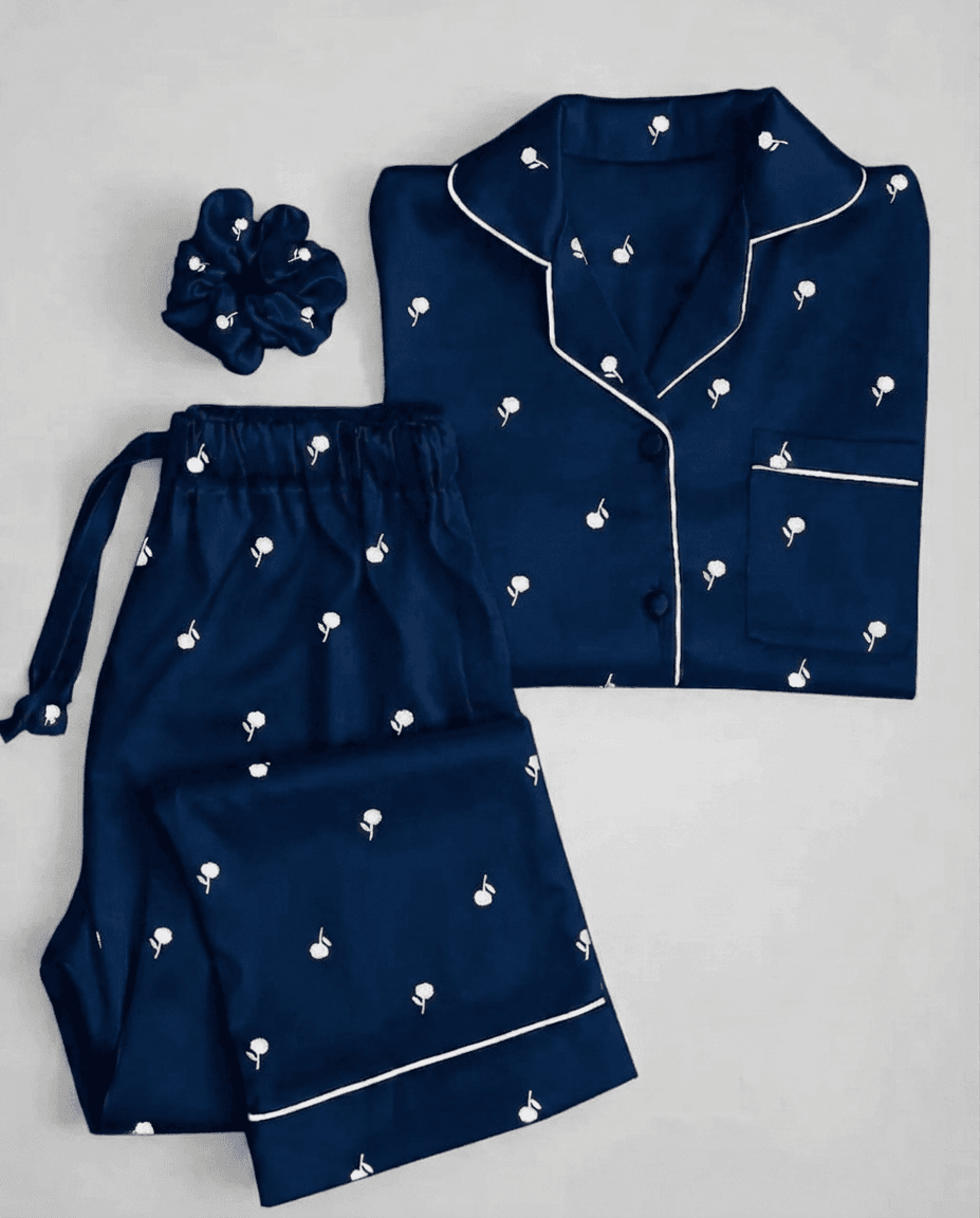 Cute Flower Printed Silk Nightwear Pajama Set