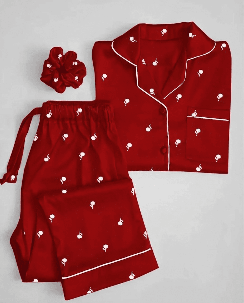 Cute Flower Printed Silk Nightwear Pajama Set